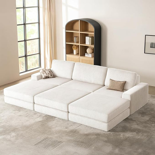 120.47‘’ Boneless Couch Cloud Modular Sectional Couches for Living Room, Oversize L-Shape Sofa with Deep Seat, Plush Corduroy 3-Seater with 3-Ottoman, No Assembly Required