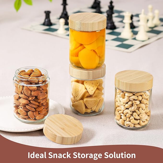 DRKIO 16 Oz Overnight Oats Containers with Bamboo Lids - 4 Pack Glass Storage Jars with Airtight Lids Wide Mouth Mason Food Jars Great for Meal Prep Salad Chia Pudding Snacks Yogurt Sugar Spice Cereal