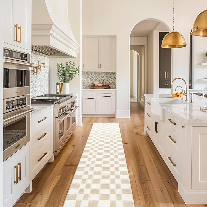 EVERGRACE Checkered Plaid Area Rug 2x10, Soft Fuzzy Faux Wool Rugs Washable Anti Slip Rugs Long Runner Rug Carpet for Entryway Bedroom Living Room Hallway Kitchen Dining Room and Laundry Room, Beige