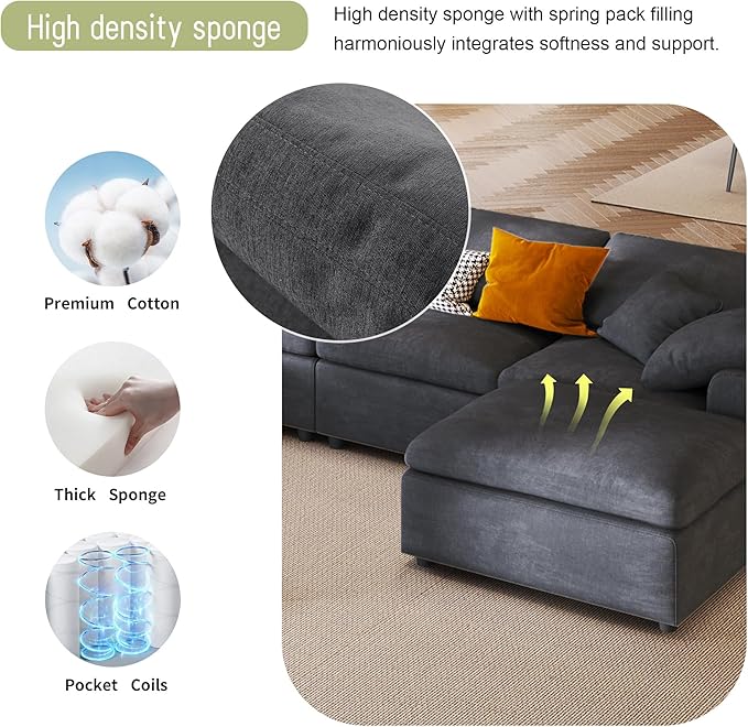 129" Large Modular Sectional Sofa L Shaped Modern Couch, Grey