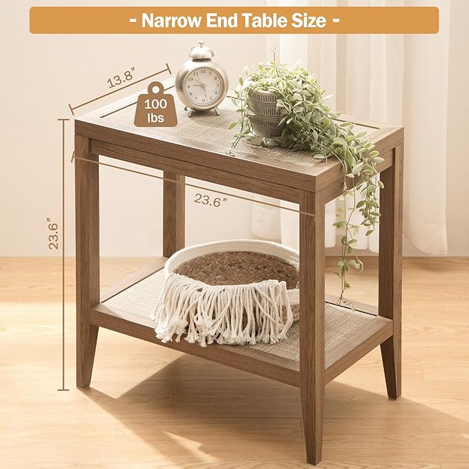 SICOTAS Boho Rattan Nightstand Bedside Table Farmhouse Narrow End Table Accent Side Table, Wood
