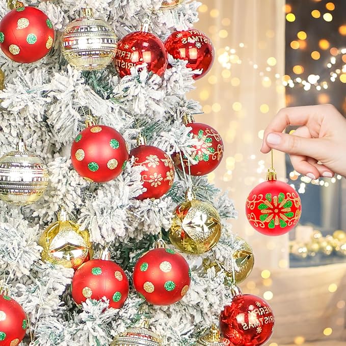 40PCS 2.36" Christmas Balls Ornaments, Plastic Christmas Tree Ornaments, Holiday Baubles, Hanging Decorations for Xmas Trees Holiday Party, Gold Red Baubles
