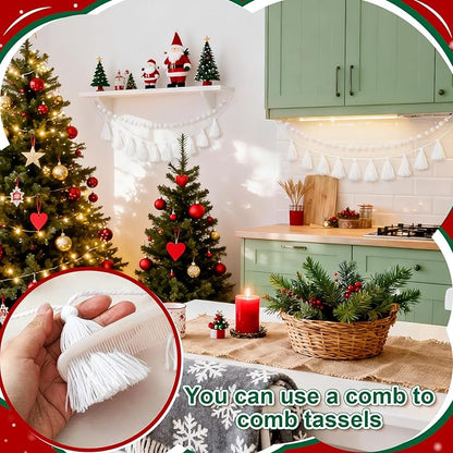 Syhood 4 Pcs Thanksgiving Christmas Pom Pom Tassel Garland Fall Felt Ball Banner Decorative Colorful Pompom Garland for Thanksgiving Autumn Xmas Theme Party Classroom Home Decor(White Color)