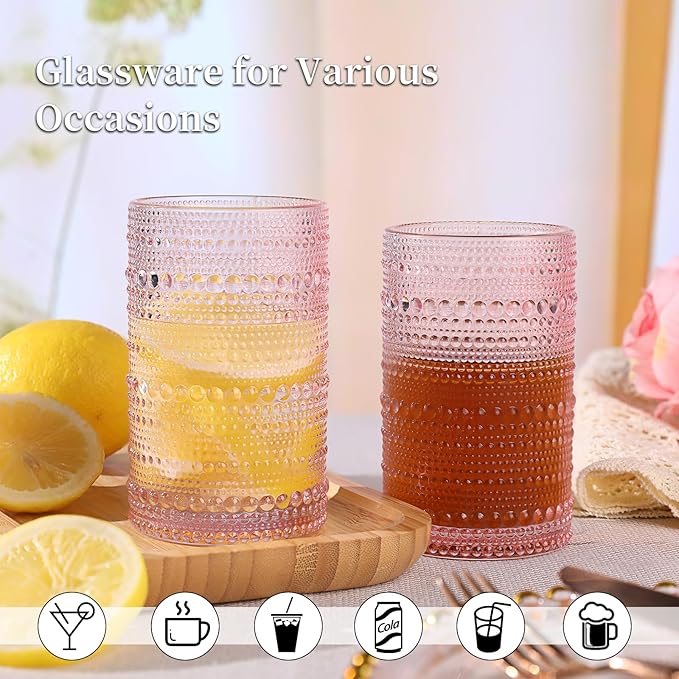 Pink Hobnail Glasses Drinking Set of 4, 12 oz Cocktail Glasses, Pink Vintage Glassware for Beer, Cocktail, Soda, Juice, Coffee and Various Mixed Drinks