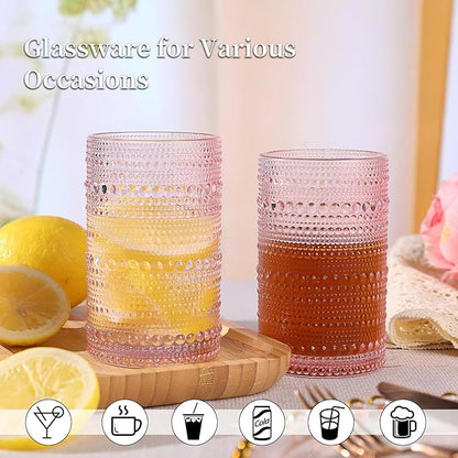 Pink Hobnail Glasses Drinking Set of 4, 12 oz Cocktail Glasses, Pink Vintage Glassware for Beer, Cocktail, Soda, Juice, Coffee and Various Mixed Drinks