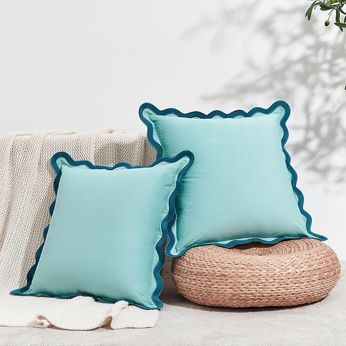 MONDAY MOOSE Decorative Throw Pillow Covers Cushion Cases, Set of 2 Soft Velvet Scalloped Wavy Edge Designs, Mix and Match for Home Decor, Pillow Inserts Not Included (Blue/Light Blue, 20x20 inch)