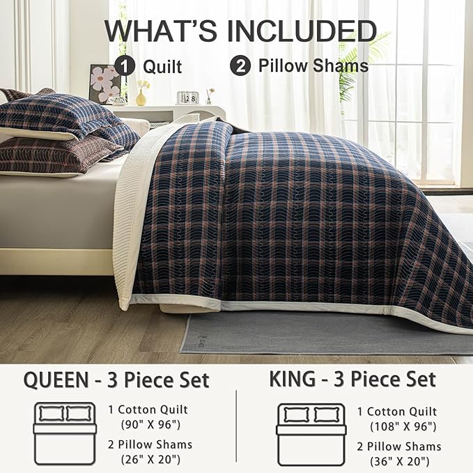 Cotton Plaid Quilt Set King 3 Piece Lightweight Reversible Bedding, Grid Dark Blue
