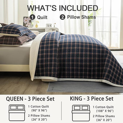 Cotton Plaid Quilt Set King 3 Piece Lightweight Reversible Bedding, Grid Dark Blue