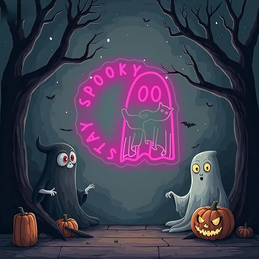 Ghost holding a cat Stay Spooky Neon Sign, Funny Halloween Party Wall Decor, Spooky Season Room Sign for Boo Wall Decor Neon Light for Bar Man Cave Home Yard Decoration Funny Spooky Vibes-Pink