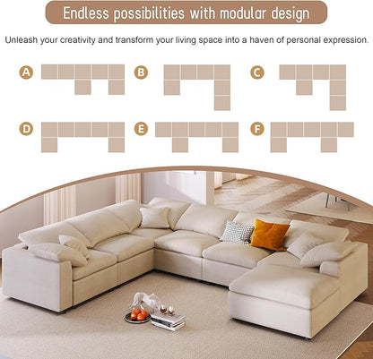 129" Large Modular Sectional Sofa L Shaped Modern Couch, Beige