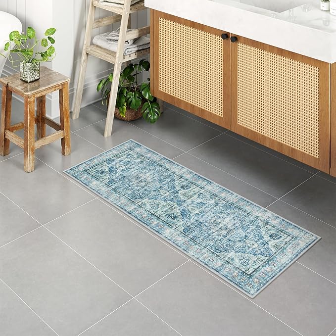 Uphome Bathroom Rugs Runner, Distressed Farmhouse Boho Light Blue Bath Mat, Non Slip Washable Long Bath Rugs, Vintage Traditonal Soft Velvet Bathroom Runner for Bathtub Sink Shower, 18x47 inch