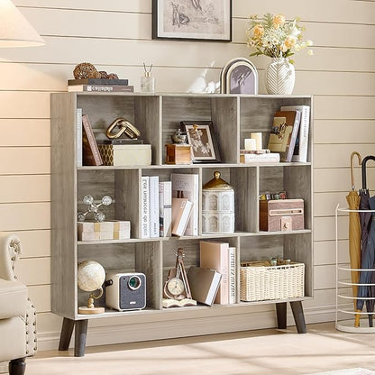 LEYAOYAO 10 Cube Bookshelf,3 Tier Modern Wide Bookcase with Legs,Mid-Century Wood Bookshelves Storage，Retro Grey Large Book Case,Freestanding Organizer Display Shelf for Bedroom,Living Room,Office