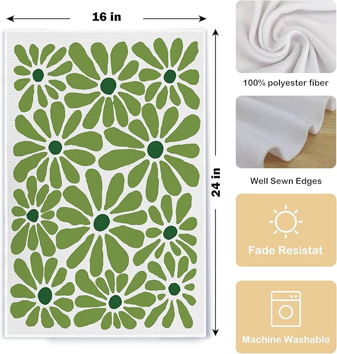 Boho Floral Hand Towels Chamomile Waffle Weave Pink Green Daisy