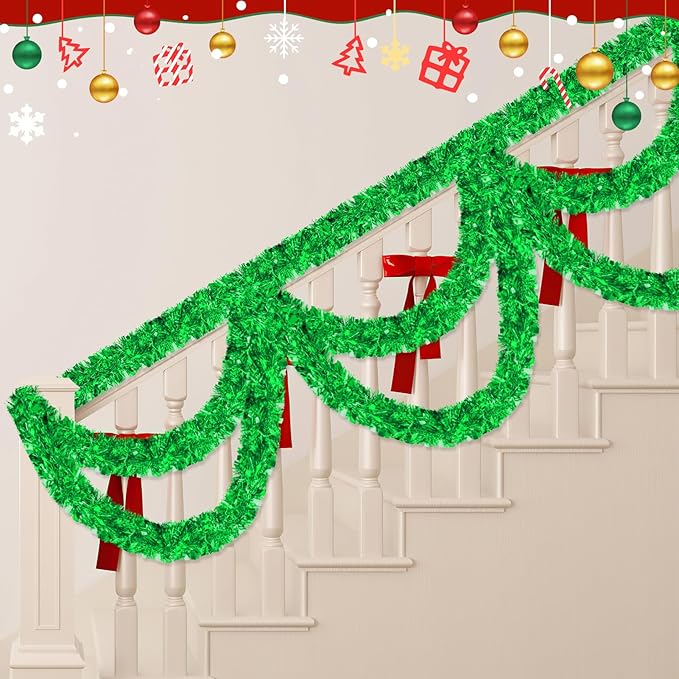 50FT Green Christmas Tinsel Garland - Metallic Tinsel Glitter Twist Garland Hanging Streamers for Indoor Decor, Xmas Tree Garlands Decorations