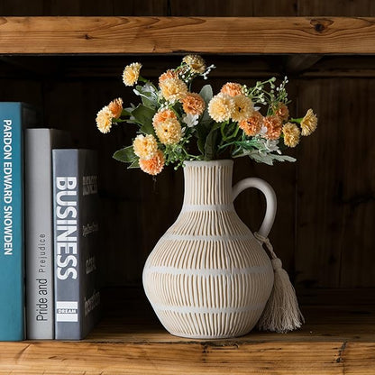 Rustic Ceramic Vase for Home Decor, Farmhouse Decorative Vases for Pampas Grass, Terracotta Vase with Tassel Design, Handle Flower Vase, Clay Vase for Living Room Decoration, 8 inch Tall