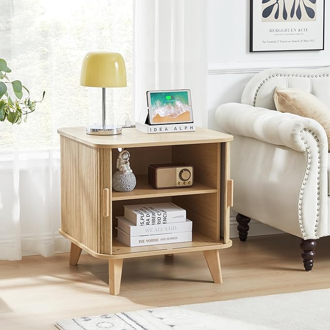 Nightstands Set of 2, 24 Inch Mid-Century Fluted EndTable with Charging Station, Farmhouse Wood Side Table with Storage & Sliding Door (2XSquare, Natural)