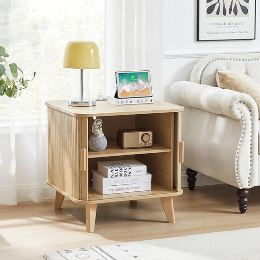 Nightstands Set of 2, 24 Inch Mid-Century Fluted EndTable with Charging Station, Farmhouse Wood Side Table with Storage & Sliding Door (2XSquare, Natural)