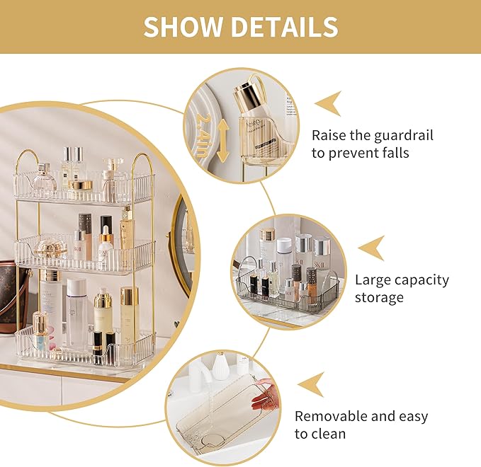 3 Tier Bathroom Organizer Countertop Makeup Perfume Skincare Organizer for Bathroom Dresser Vanity (White)