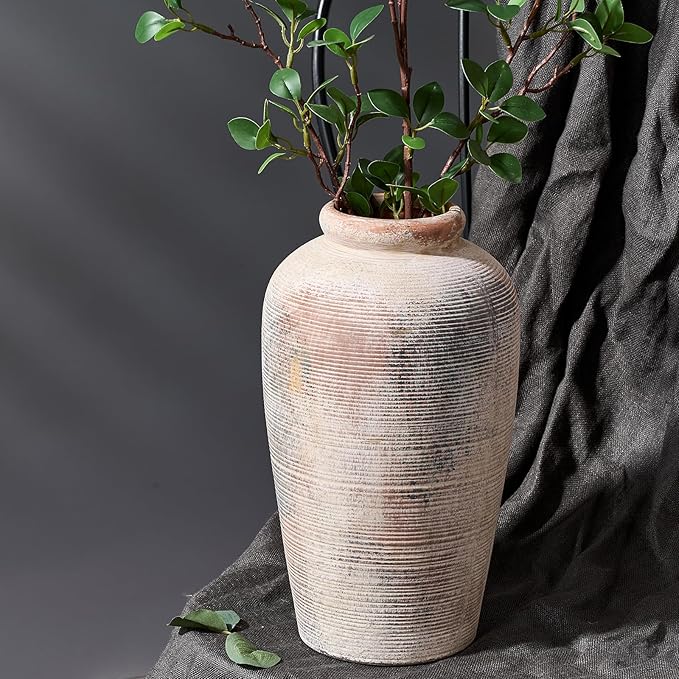 Large Ceramic Rustic Vase, 11 inch Minimalist Decorative Farmhouse Tall Vase for Home Decor, Living Room, Shelf Decor, Enterway, Wedding, Table Decoration, Gray