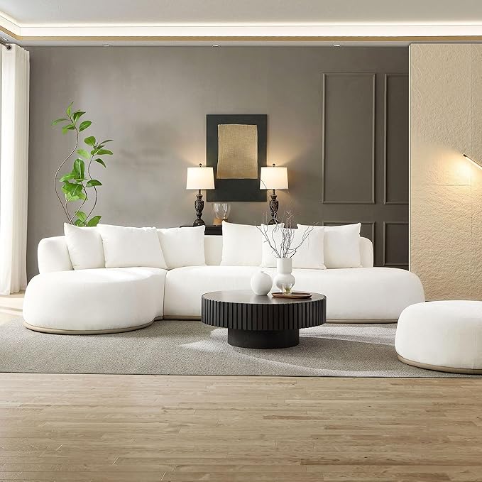 WILLIAMSPACE 134.63" Oversize Curved Sofa Cloud Couch with Round Chaise & Ottoman, Modern Upholstered Curved Sectional Sofa Couch with 6 Pillows for Living Room, No Assembly (Left-Facing,Cream White)