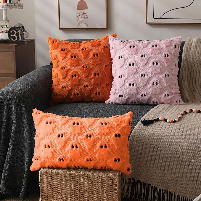 DFXSZ Halloween Pillow Covers 12x20 inch Set of 2 Orange Ghost Throw Pillow Cases Soft Plush Faux Fur Wool Cushion Case for Chair Bedroom Living Room Home Decor PTK03C12
