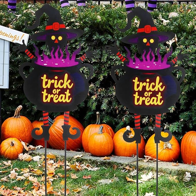 Witch Halloween Decorations Cauldron 39.7 inch with Trick or Treat Sign, Large Halloween Yard Stakes Metal for Garden, Lawn, and Outdoor Spooky Yard Decorations