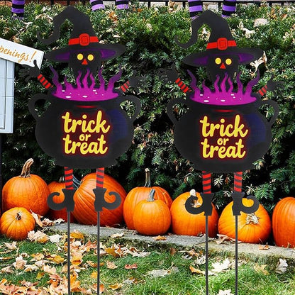 Witch Halloween Decorations Cauldron 39.7 inch with Trick or Treat Sign, Large Halloween Yard Stakes Metal for Garden, Lawn, and Outdoor Spooky Yard Decorations