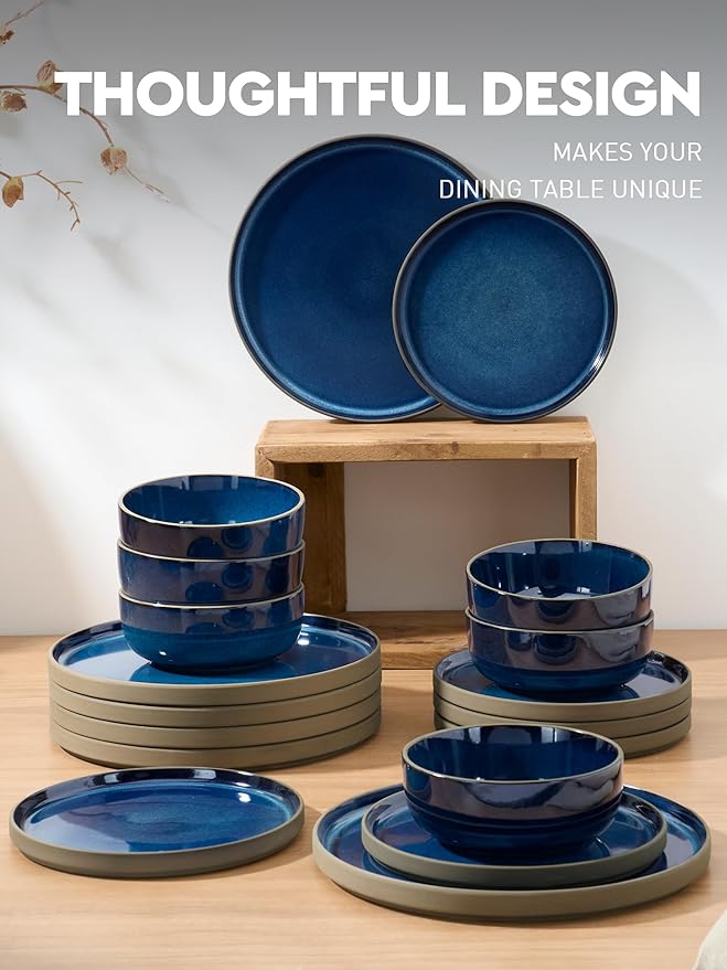 Famiware Nature Plates and Bowls Set, 18 Pieces Dinnerware Sets, Dishware Sets, Dishes Set for 6, Microwave and Dishwasher Safe, Midnight Blue