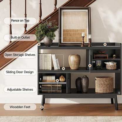 ONBRILL 44" Sideboard Buffet Cabinet with Outlet & 2 Open Storage Spaces, Fluted Sideboard Cabinet with Sliding Door & Adjustable Shelves, Mid-Century Accent Coffee Bar Console Table with Wooden Feet
