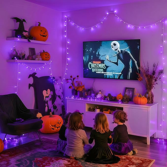 JMEXSUSS Connectable 100 LED Purple Halloween Lights Indoor, 8 Modes Plug in Purple Christmas String Lights Clear Wire, 33ft Christmas Tree Light Outdoor for Halloween Tree, Garden, Bedroom