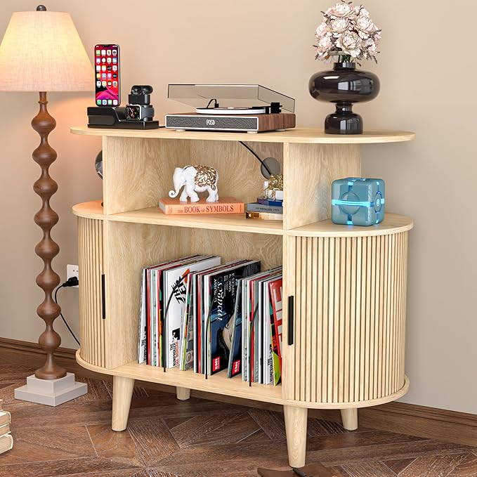 Large Round Record Player Stand with Charging Station & USB Ports，Record Storage Cabinet, Mid Century Modern Turntable Stand Console for Bedroom Living Room (Small Oak)