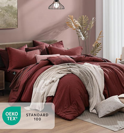 Monbix Queen Comforter Set Red, Cationic Dyeing Reversible Bedding Set 7 Pieces, All Season Bed in a Bag with Sheets, Pillowcases & Shams