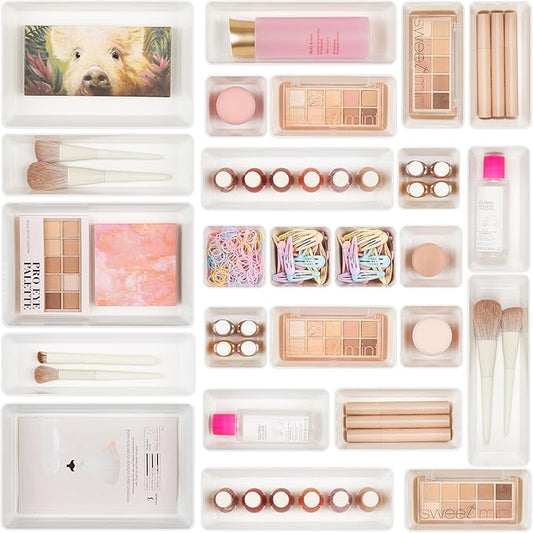 Vtopmart 25 PCS Plastic Drawer Organizers Set, 4-Size Versatile Bathroom and Vanity Drawer Organizer, Storage Bins for Makeup, Bedroom, Kitchen Gadgets Utensils and Office