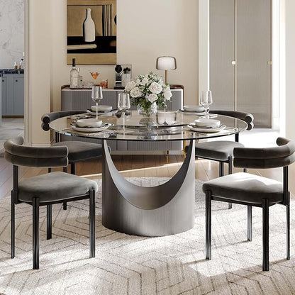 POVISON 51" Modern Round Dining Table for 4, Glass Tabletop Dining Table with Grey Carbon Steel Pedestal, Modern Dining Room Table for Kitchen, Living Room (Table Only)