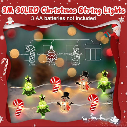 Coquimbo Christmas Lights Decorations, 10FT 30LED Christmas Tree Snowman Crutch String Lights for Home Party Indoor Outdoor Xmas Festive Holiday Decorations