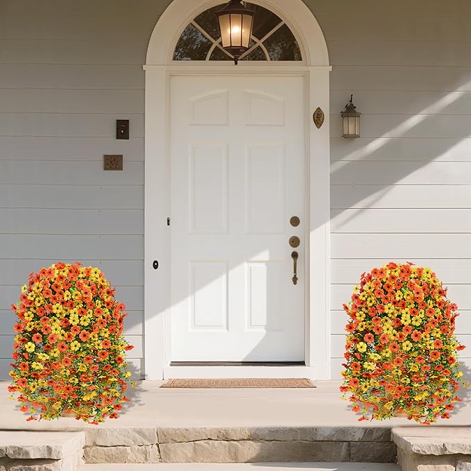 Yastouay Artificial Fall Hanging for Outdoors, Fake Hanging Plants Artificial Decor, Silk Orange Fake Mums Fall Flowers Artificial for Decoration Porch Front Door Yard Fall Decor