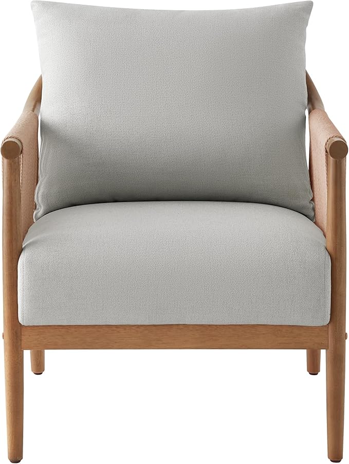 CHITA Braid Accent Chair, Modern Armchair with Solid Wooden Armrest for Living Room and Bedroom, Boho Reading Chair, Light Grey