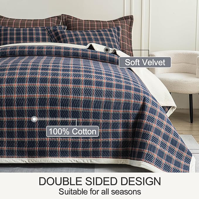 Cotton Plaid Quilt Set King 3 Piece Lightweight Reversible Bedding, Grid Dark Blue