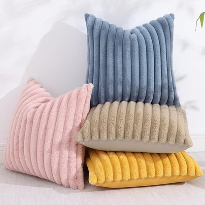 decorUhome Faux Fur Throw Pillow Covers 12x20 Set of 2, Decorative Soft Plush Striped Lumbar Neutral Euro Pillow Covers with Velvet Back for, Bed, Living Room Home Decor, Grey Blue
