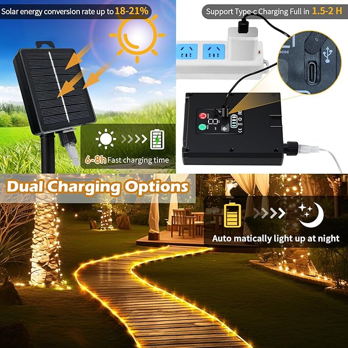 Solar Rope Lights Waterproof 65FT 200LEDs,High Capacity Rechargeable Battery,Dual Charging,Outdoor String Light,Remote-Control,for Pathway Patio Garden Palm Tree Christmas (Brighter - Warm White)