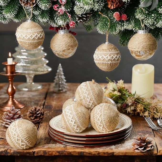 XmasExp Christmas Ball Ornaments Set, Farmhouse Shatterproof Christmastree Decorations,12ct Large Plastic Hanging Ornaments, 70mm/2.76",Flaxen