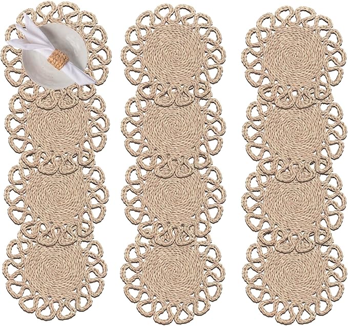 13.8" Set of 12 Round Seagrass Placemats | Boho Woven Rattan Table Mats | Farmhouse Wicker Spring Plate Chargers Like Water Hyacinth, Corn Husk for Wedding, Party, Christmas, Events