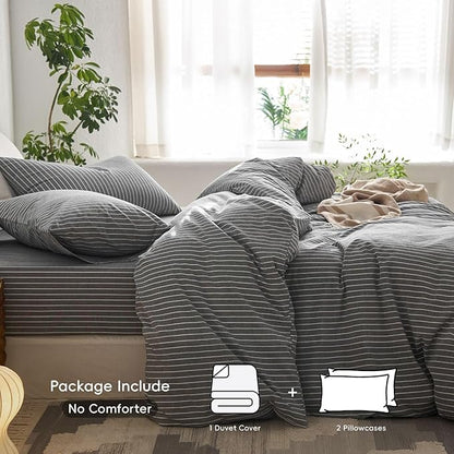 MooMee Striped Duvet Cover Set 100% Washed Cotton Linen Like Textured Breathable Durable Soft Comfy (Dark Grey White Wide Stripes, Super King Plus 120"x120")