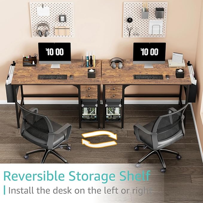 Lufeiya Computer Desk with Drawers - 40 Inch Work Reversible Small Desk for Bedroom Home Office, Simple Study Writing Table PC Desks with Drawer Storage Shelves, Rustic Brown