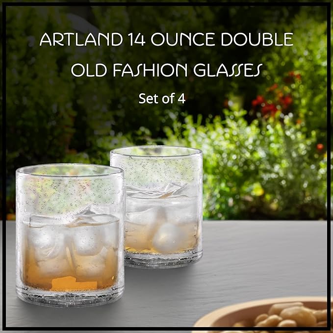 Artland 14oz Double Old Fashion Glass, Set of 4 | Iris Seeded Design, Clear | Drinking Glass for Parties and Everyday Use - Mojito, Whiskey, Cocktail | Glassware & Barware Essentials