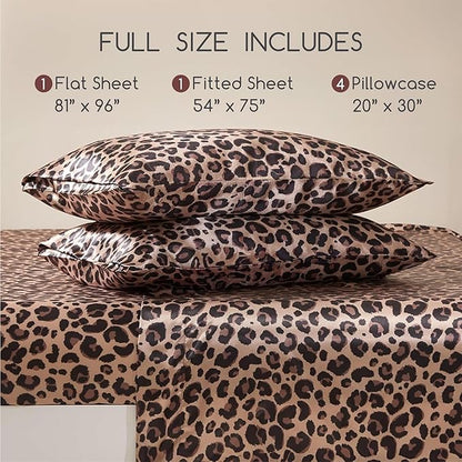 MR&HM Satin Bed Sheets with Elastic Corner Straps, Full Size Sheets Set, 6 Pcs Silky Bedding Set with 15 Inches Deep Pocket for Mattress (Full, Brown Leopard)