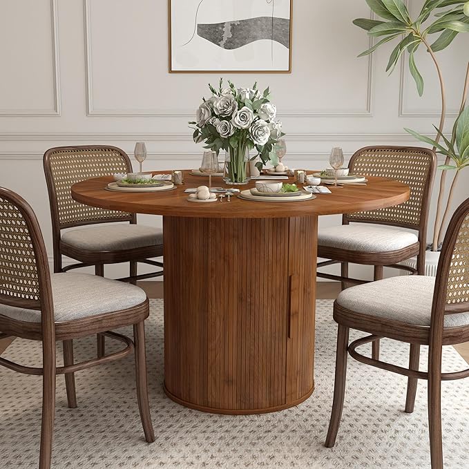 47 inch Round Dining Table for 4, Kitchen Table Dinner Table with 2-Layer Storage Shelf and Wood Slide Door for Home Dining Room Living Room (Walnut)