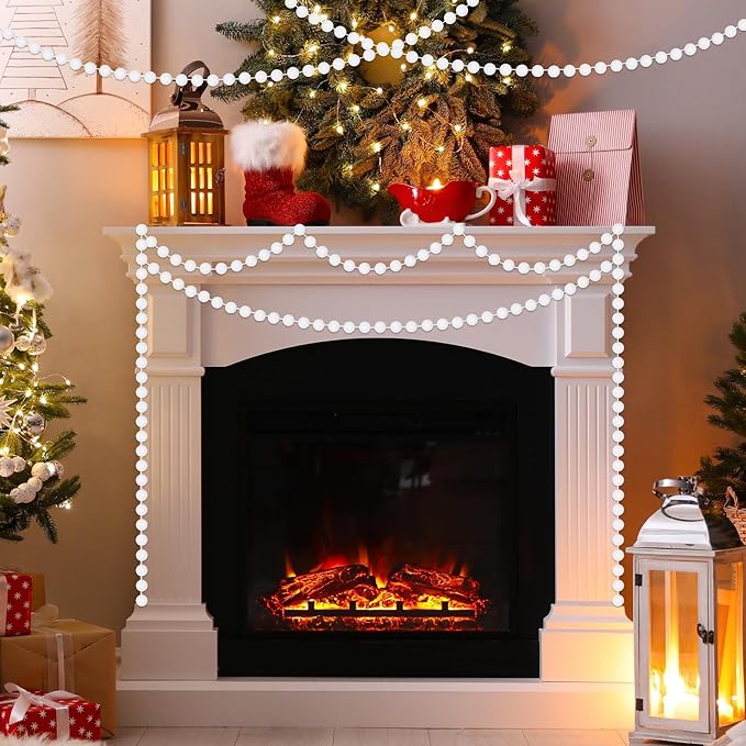 MARFOREVER 4 Pack 26.3 Ft Winter White Pom Pom Garland Ornaments, 30 Balls Christmas Felt Garland Hanging Supplies for Winter Wonderland Christmas School Classroom Fireplace Wall Home Party Decoration