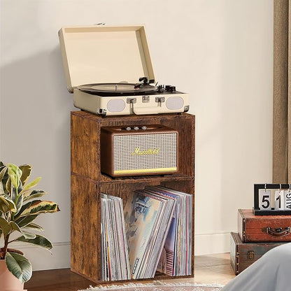 LEYAOYAO 2 Cube Bookshelf,Brown Record Player Stand Holds up to 100 Albums, Mini Wood Book Shelf Storage Organizer,Turntable Stand with Vinyl Storage Cabinet, Narrow Open Bookcase for Small Spaces