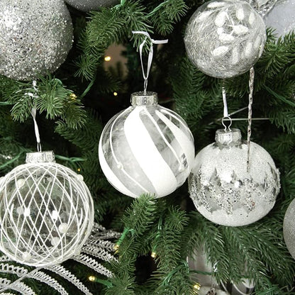 XmasExp Shatterproof Clear Plastic Christmas Ball Ornaments 100mm/3.94" 6pcs Christmas Decorations Decorative Xmas Balls Baubles Set with Stuffed Delicate Decorations (Snow White, 100mm/3.94")